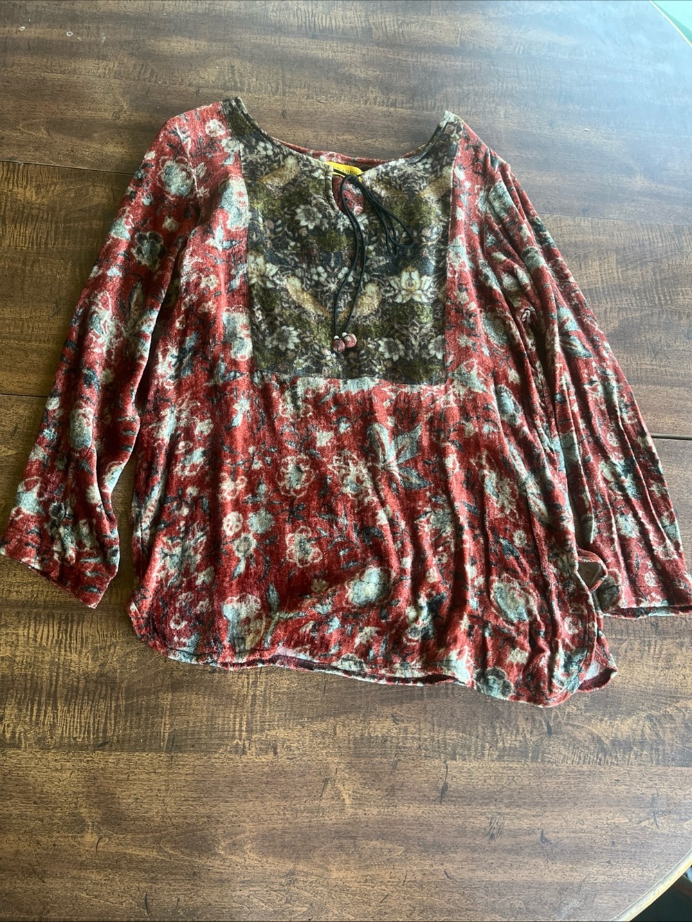 Benares XS Crushed Velvet Floral Boho 
Peasant Top Burgundy Long Sleeve India